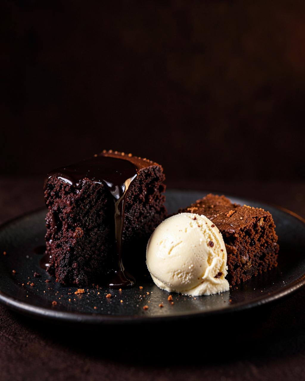 Torta de chocolate con ganache brillante junto a un brownie y una bocha de helado