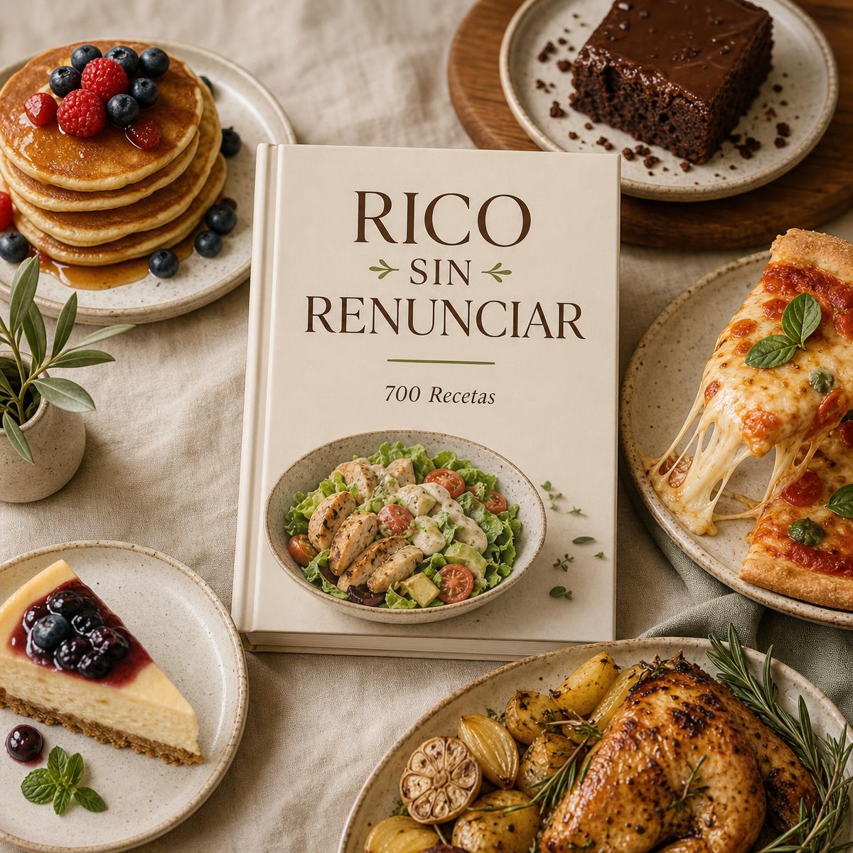 Ebook Rico Sin Renunciar — 700 Recetas rodeado de brownie, panqueques, pizza, cheesecake y un plato salado