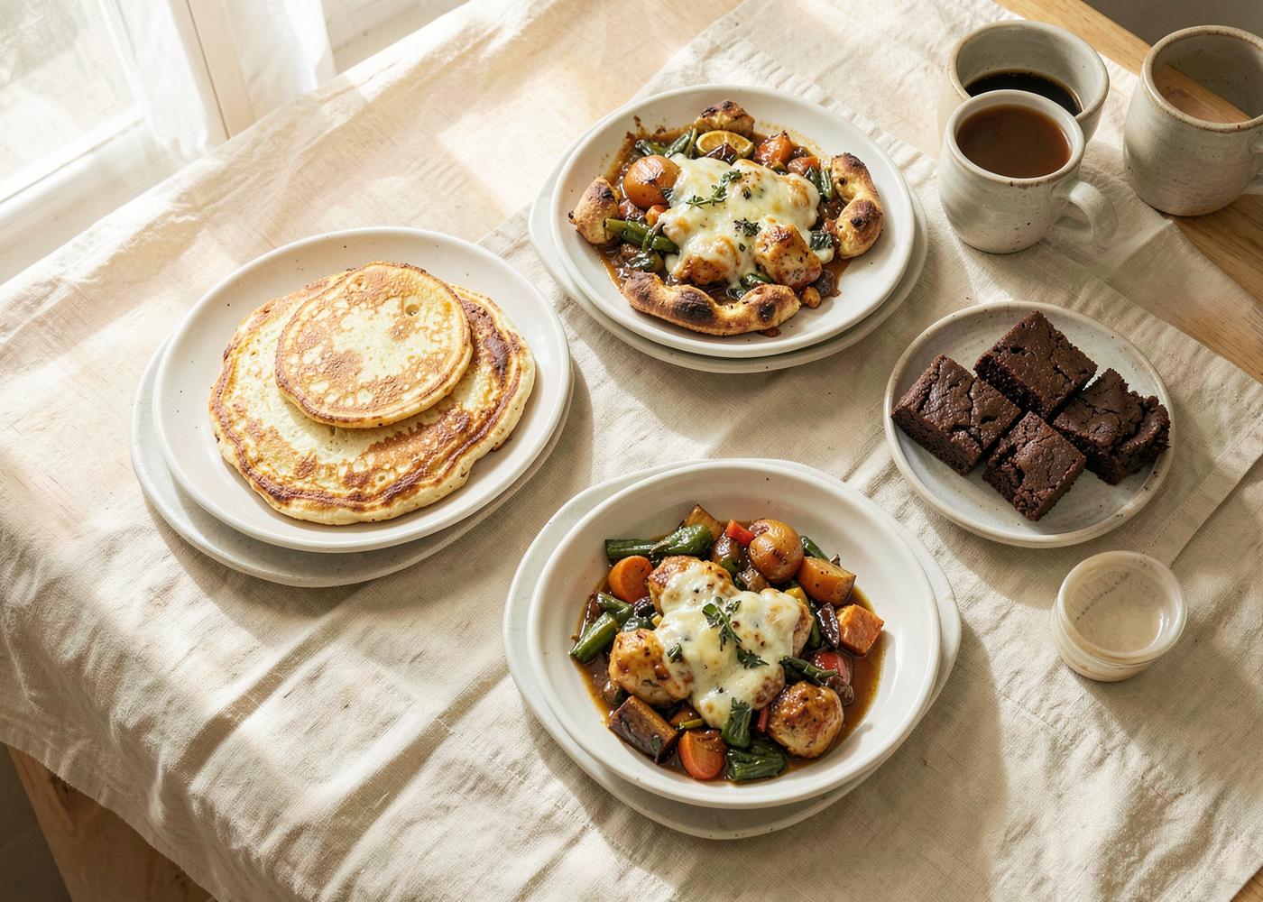 Mesa cotidiana con panqueques, pizza, plato salado, brownies y café para elegir